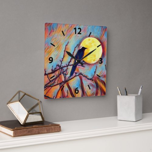 Full Moon and Crow Autumn Fall Digital Painting Square Wall Clock