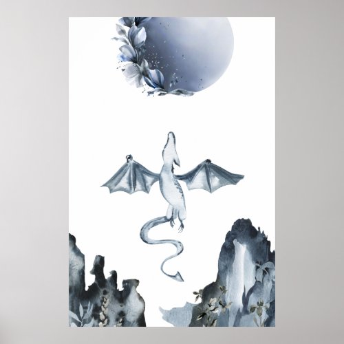 Full Moon and Dragon Dusty Blue Poster