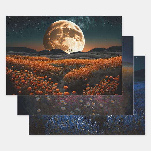 Full Moon and Flowers Wrapping Paper Sheets (Set)