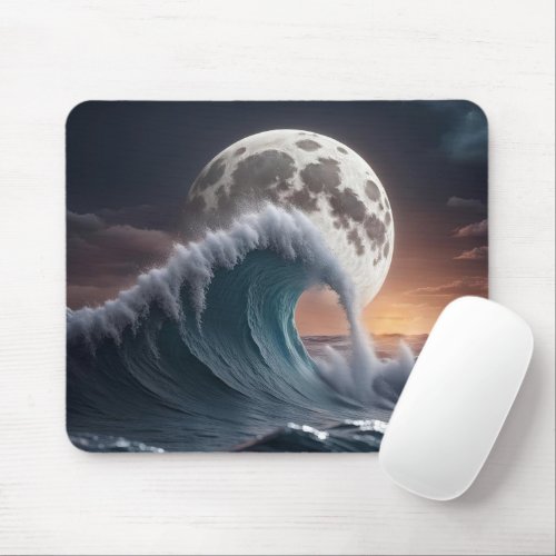 Full Moon and Ocean Wave Mouse Pad