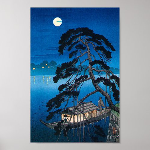 Full Moon and Pine Tree Koho Shoda Woodcut Poster