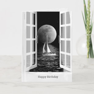 Full moon and sailboat on ocean birthday card