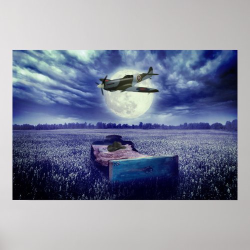 Full Moon and Spitfire Military Fighter Aircraft Poster