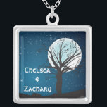 Full Moon and Stars Wedding Silver Plated Necklace<br><div class="desc">The perfect necklace for the Bride and Groom celebrating their marriage by the light of a full moon. The design features the silhouette of a tree in front of a large full moon against a starry night sky with the names of the Bride and Groom. If you require assistance with...</div>