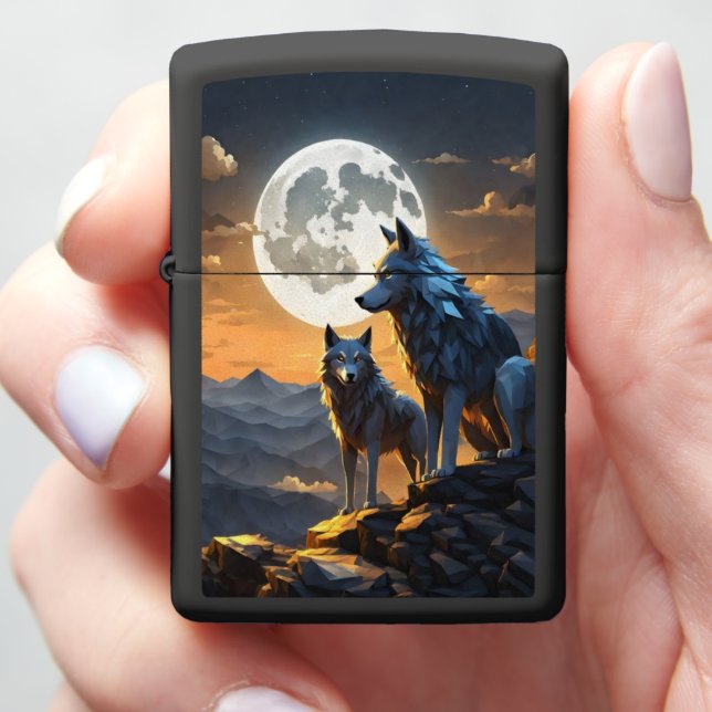 Full Moon and Wolf's Howl Zippo Lighter (In Hand)