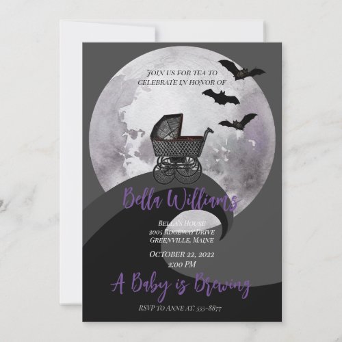 Full Moon Baby Carriage Bat Witchy Baby Shower Invitation
