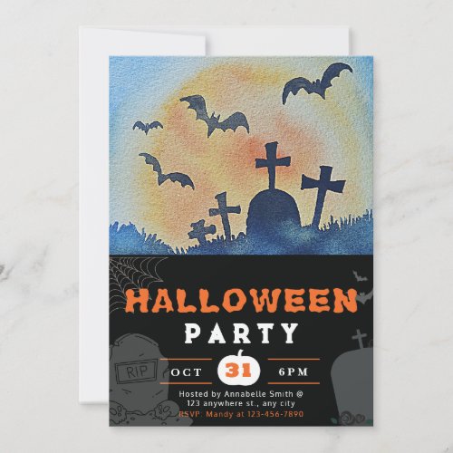 Full Moon Bats and Graveyard Black Halloween Invitation