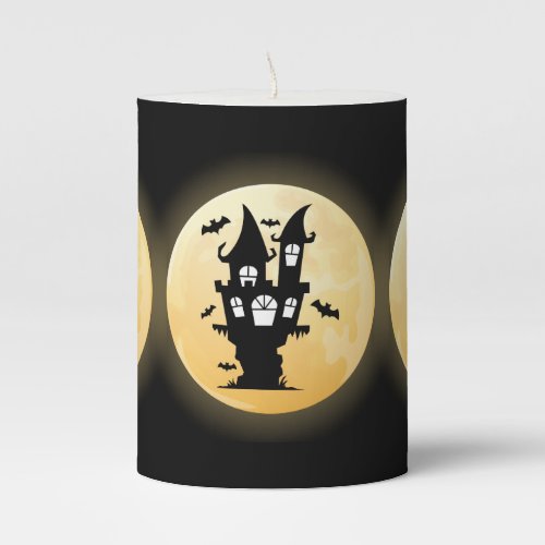Full Moon Bats and Haunted House Halloween  Pillar Candle