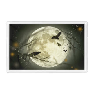 Full Moon, Bats and Raven Halloween Acrylic Tray