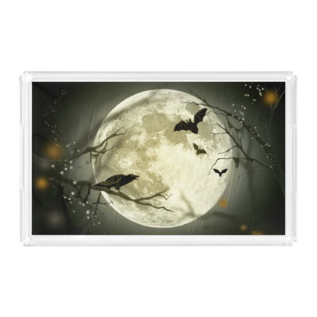 Full Moon, Bats and Raven Halloween Acrylic Tray (Front)