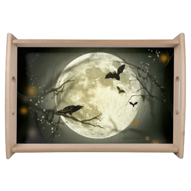 Full Moon, Bats and Raven Halloween Serving Tray (Front)
