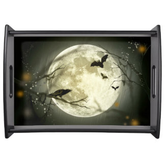 Full Moon, Bats and Raven Halloween Serving Tray