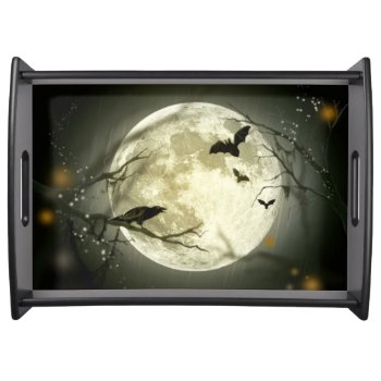 Full Moon  Bats And Raven Halloween Serving Tray by ForEverProud at Zazzle