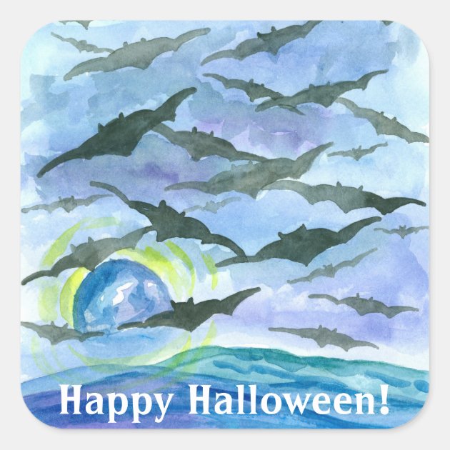 Full Moon Bats Happy Halloween Square Sticker