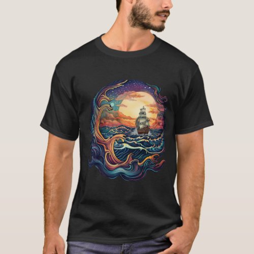 Full moon behind a pirate ship on the waves  T_Shirt