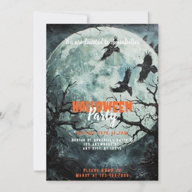 Full Moon Black Birds Creepy Halloween Party Invitation (Front)