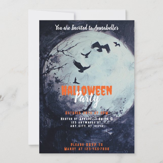 Full Moon Black Birds Halloween Party Invitation (Front)