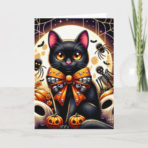 Full Moon Black Cat Halloween Folded Holiday Card