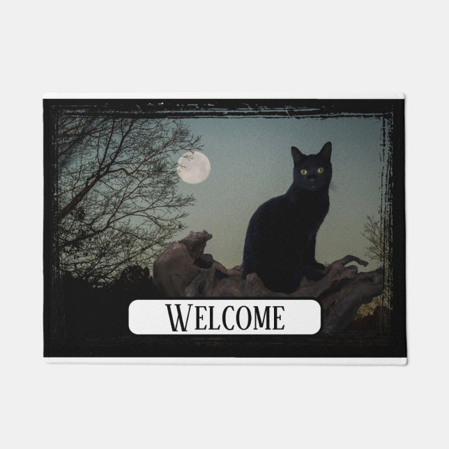 Full Moon Black Cat on a Tree Doormat (Front)