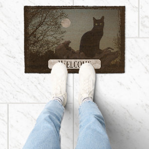 Full Moon Black Cat on a Tree Fiber Doormat
