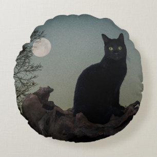 Full Moon Black Cat on a Tree Round Pillow