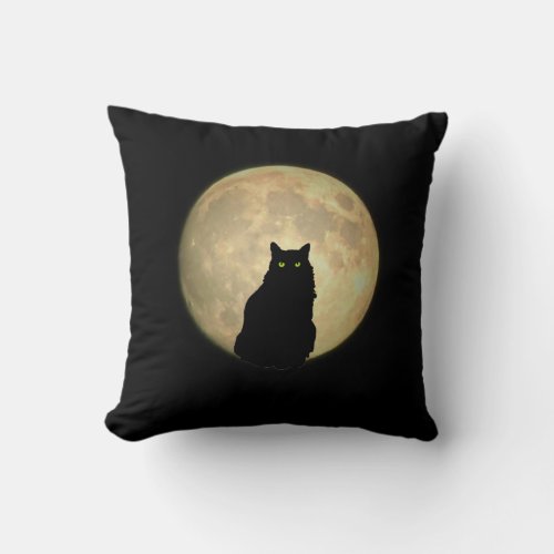 Full Moon Black Cat Silhouette Throw Pillow