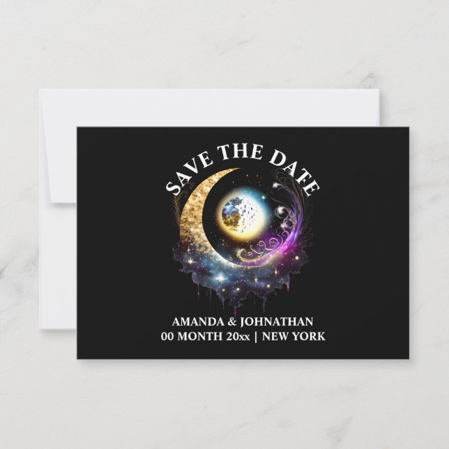 Full moon black magenta celestial night sky chic save the date (Front)