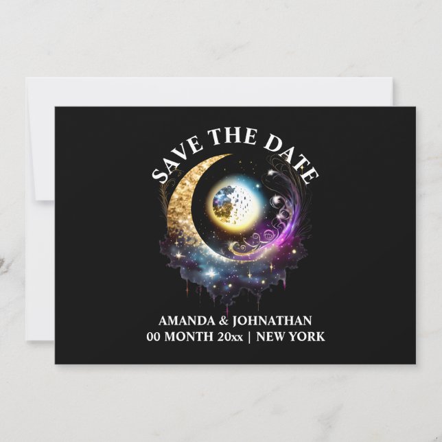 Full moon black magenta starry night 5x7 save the date (Front)