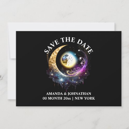 Full moon black magenta starry night 5x7 save the date