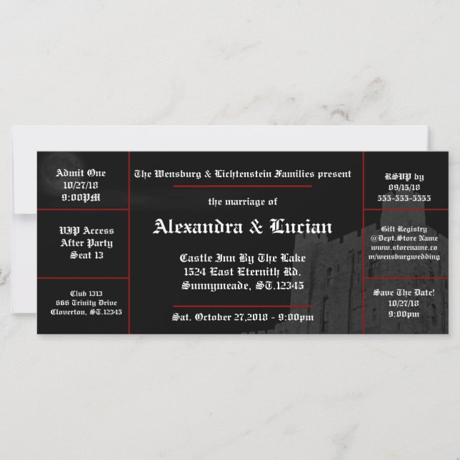 Full Moon Castle Gothic Wedding Ticket Invitations (Front)