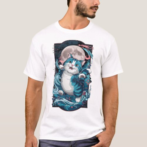 Full Moon Cat _ Japanese Retro Style T_Shirt