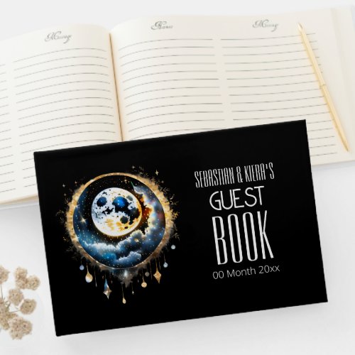 Full moon celestial black gold blue luna chic guest book