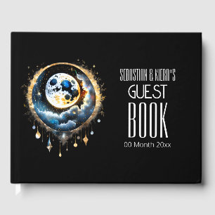 Full moon celestial black gold blue luna chic guest book
