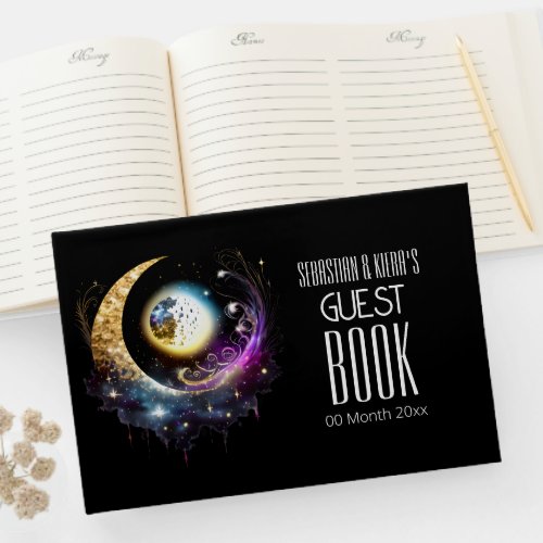 Full moon celestial black magenta starry night guest book