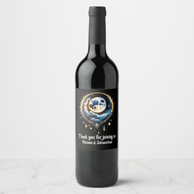 Full moon celestial starry night sky elegant wine label (Front)