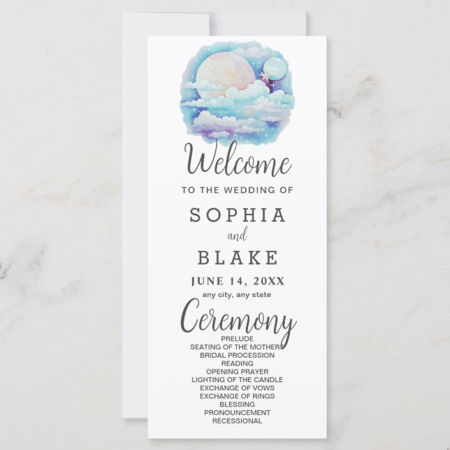 Full Moon Celestial Stars White Wedding Program (Front)