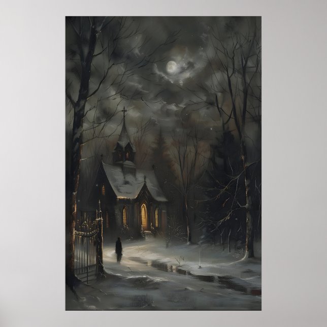 Full Moon Church in Snow Art Print Dark Academia (Front)