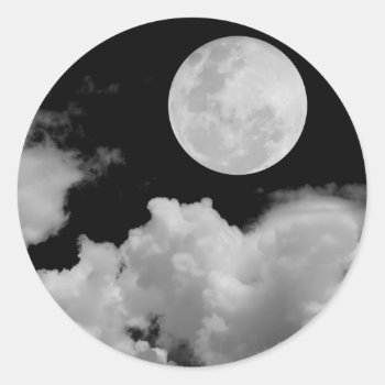 Full Moon Clouds Black And White Classic Round Sticker by VoXeeD at Zazzle