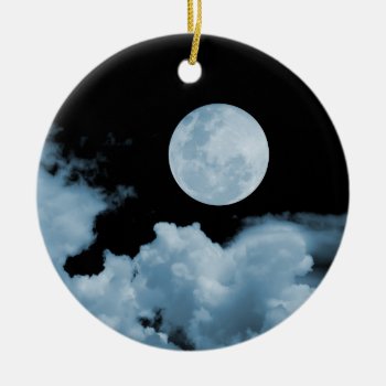 Full Moon & Clouds Black & Blue Ceramic Ornament by VoXeeD at Zazzle