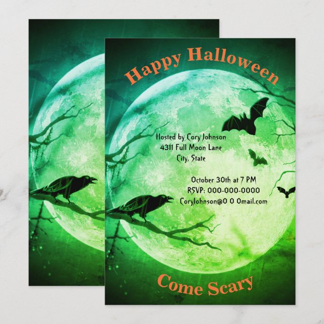 Full Moon, Crow, Bats, Green Tint  Sky Halloween Invitation (Front/Back)