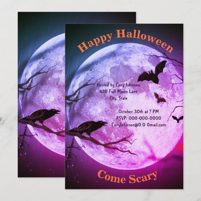 Full Moon, Crow, Bats, Purple Tint  Sky Halloween Invitation (Front/Back)