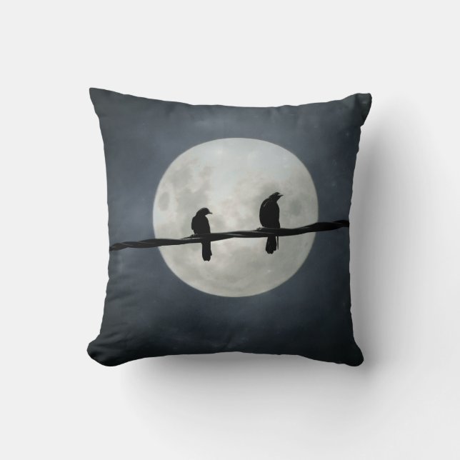 Full Moon Crows On The Line Throw Pillow (Front)