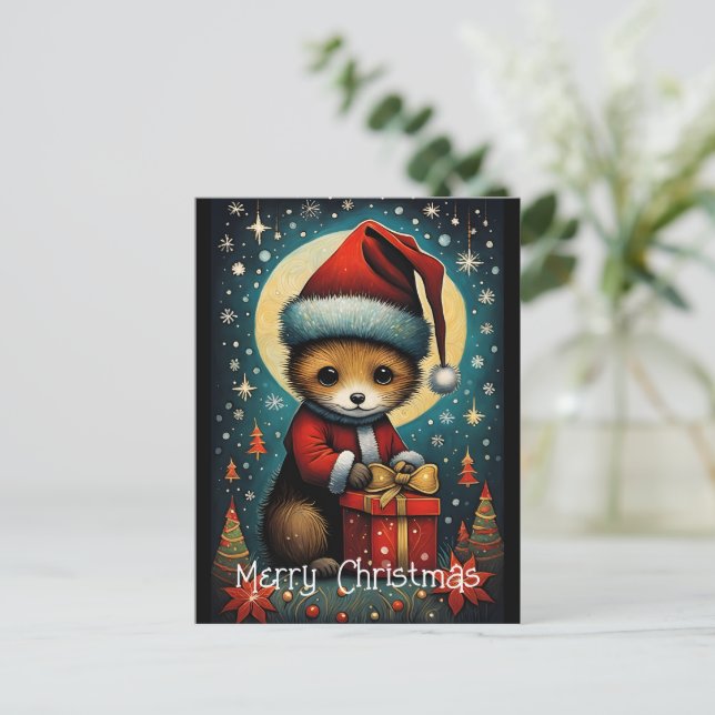 Full Moon Cute Santa Mouse Christmas Gift Postcard (Standing Front)