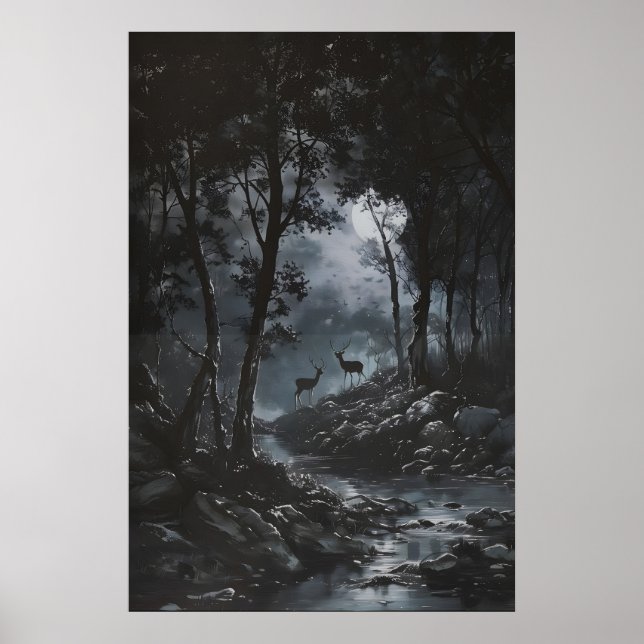 Full Moon Dark Forest with Fawn Deer Art Dark Poster (Front)