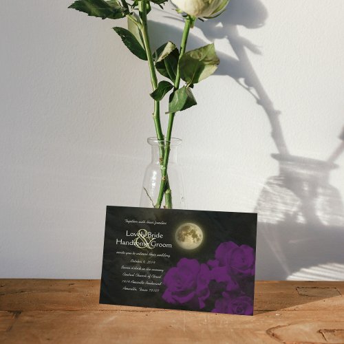 Full Moon Deep Purple Ghost Roses Wedding Invitation