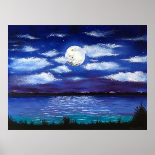 Full Moon Evening Ocean Scene Art Poster Print