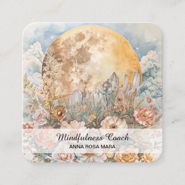 *~* Full Moon Flowers QR Floral AP70 Crystals Square Business Card (Front)