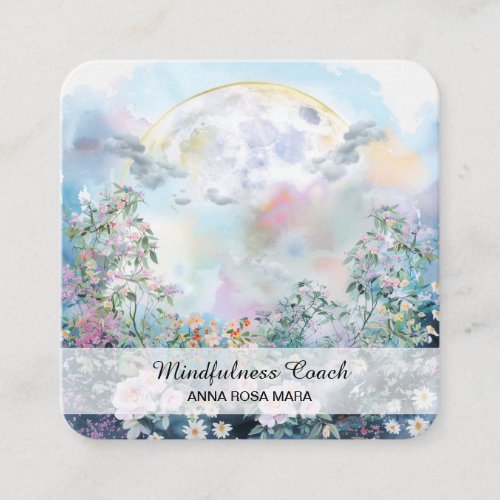 Full Moon Flowers QR Floral AP70 Ethereal Blue Square Business Card