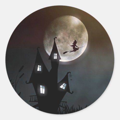 Full Moon Flying Witch Classic Round Sticker