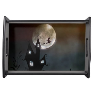 Full Moon, Flying Witch Halloween Serving Tray